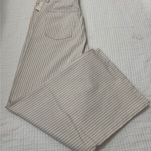 Striped Wide-Leg Pants in Cream with Navy Pinstripes